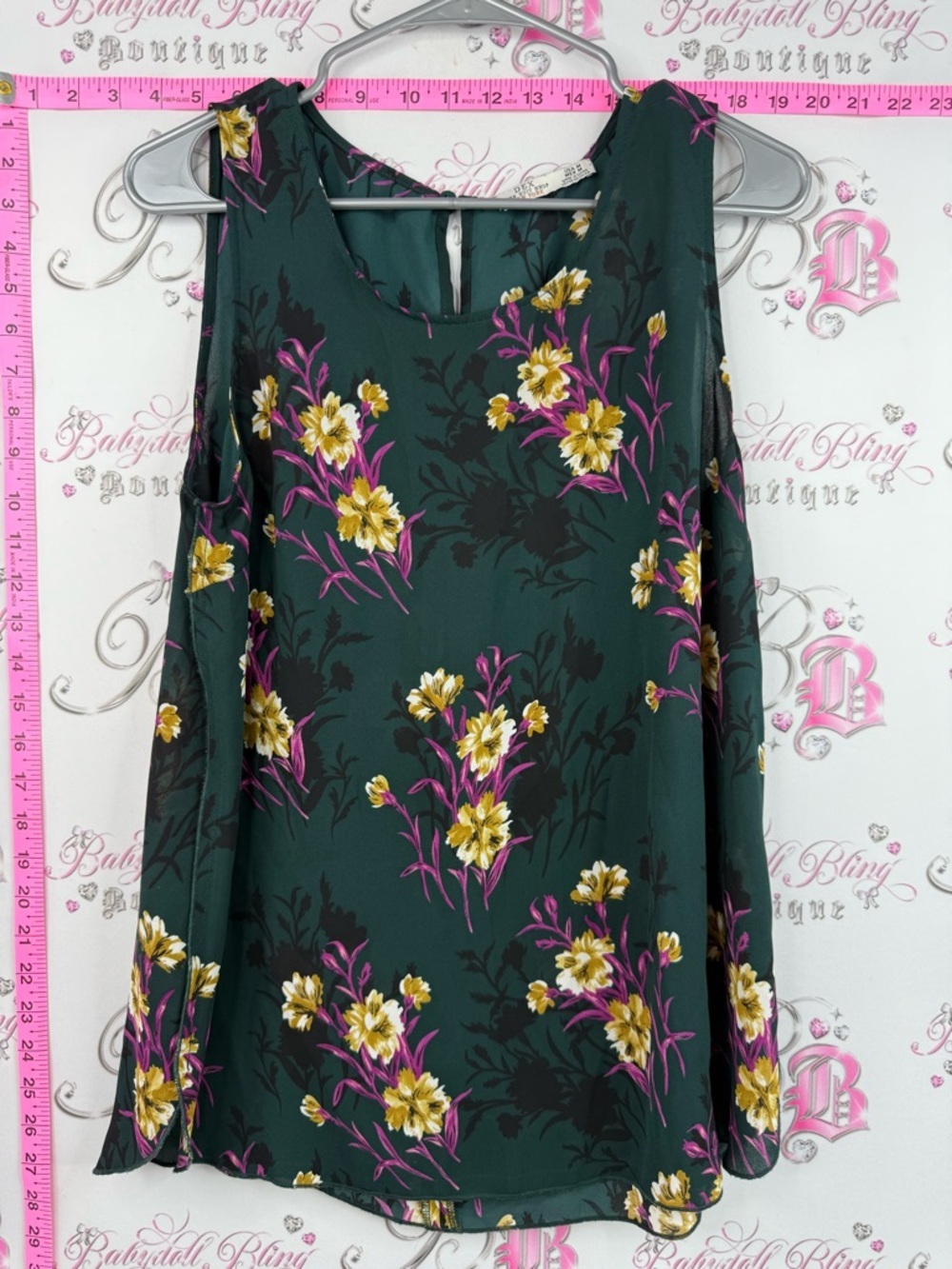 Dex tank top Dark Green pink black Shoulder Top with Yellow and Magenta Accents